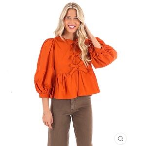 JODIFL 3/4 Puff Sleeves Bow Top Orange Size Medium